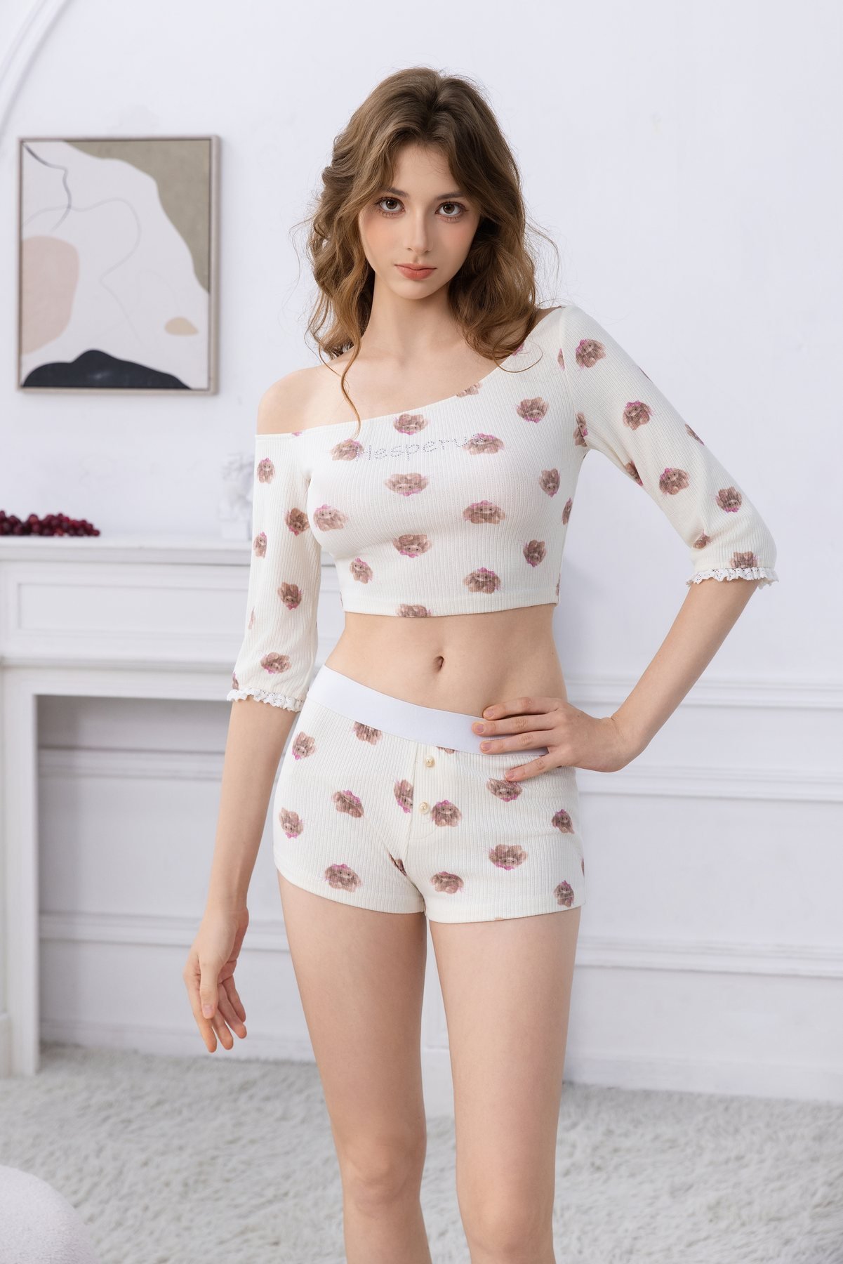Cocoa Pup Picnic Off-Shoulder Lounge Set